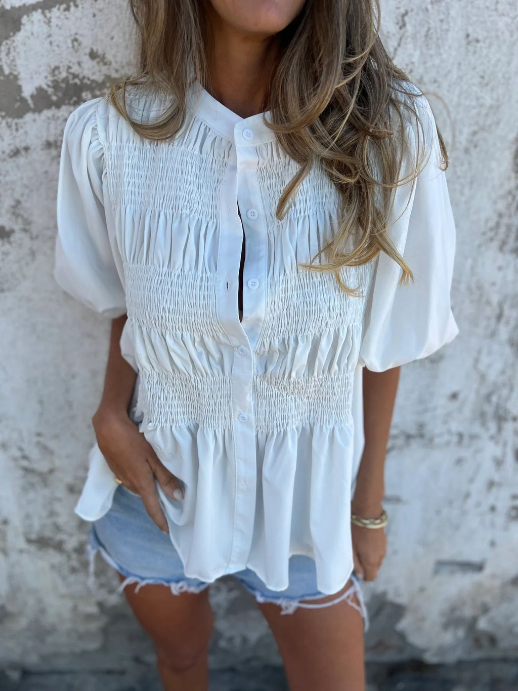 Women's Blouse with Gathered Detail and Button Closure