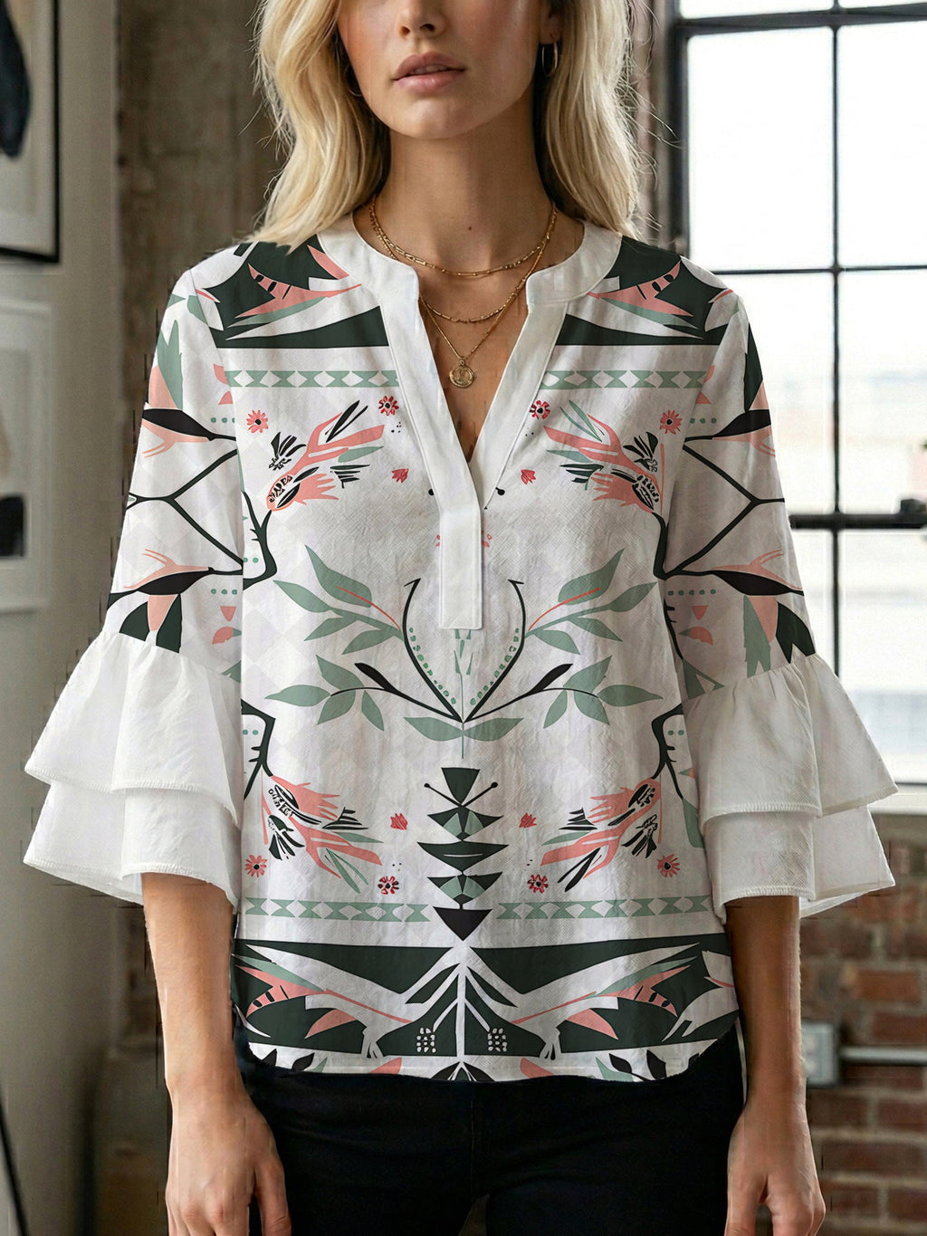 Casual Blouse with Ruffle Sleeves and Botanical Print