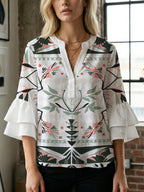 Casual Blouse with Ruffle Sleeves and Botanical Print