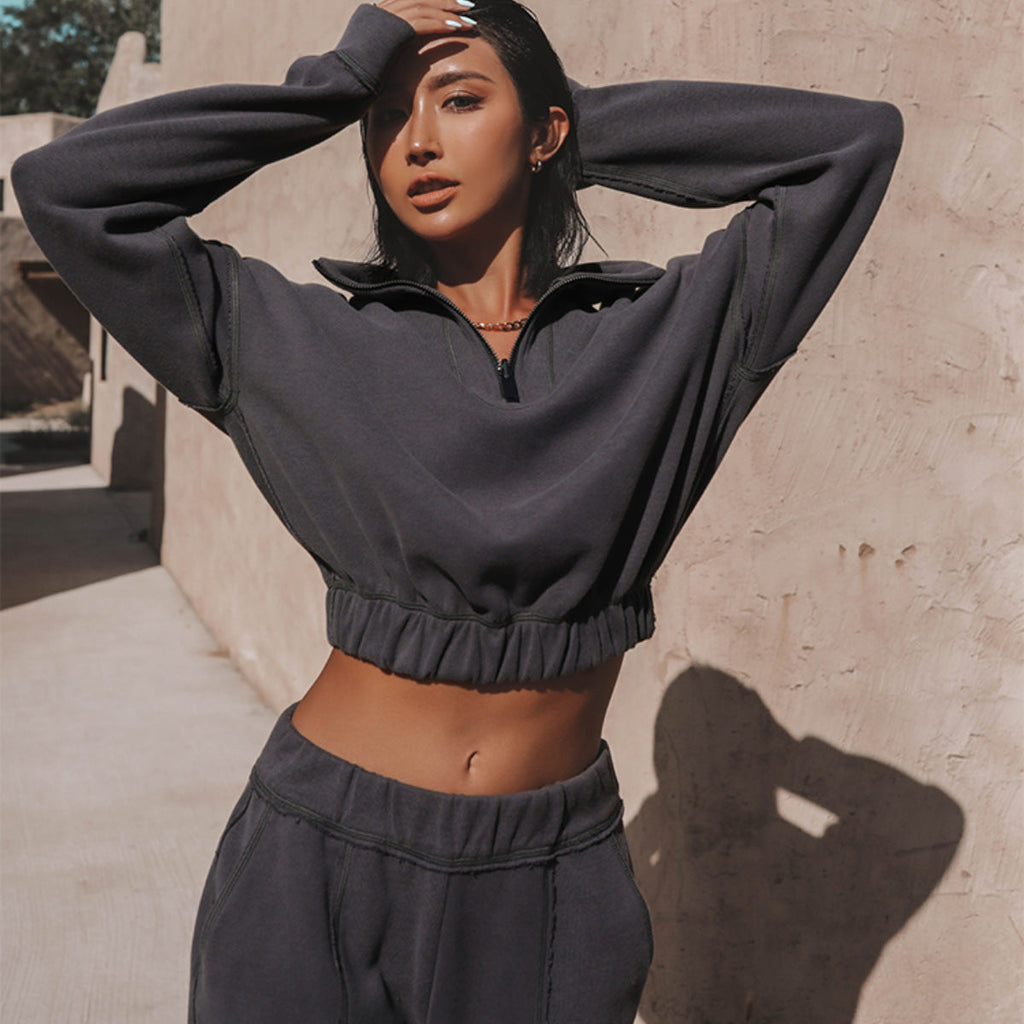 Women's Cropped Zip-Up Sweatshirt with Ruffle Details