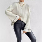 Women's Elegant Knit Sweater with High Collar and Wide Cuffs