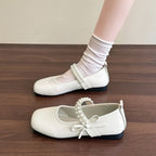 Women's Ballet Flats with Decorative Pearl Strap and Bow Accent