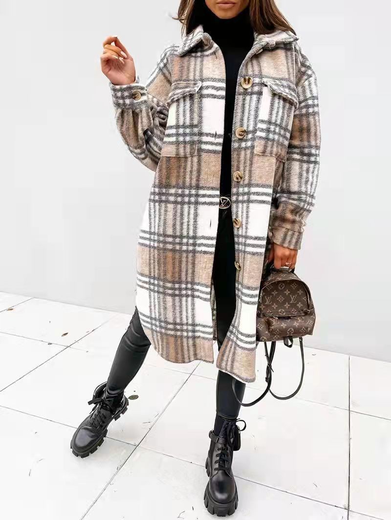 Women's Plaid Oversized Shirt Coat with Pockets