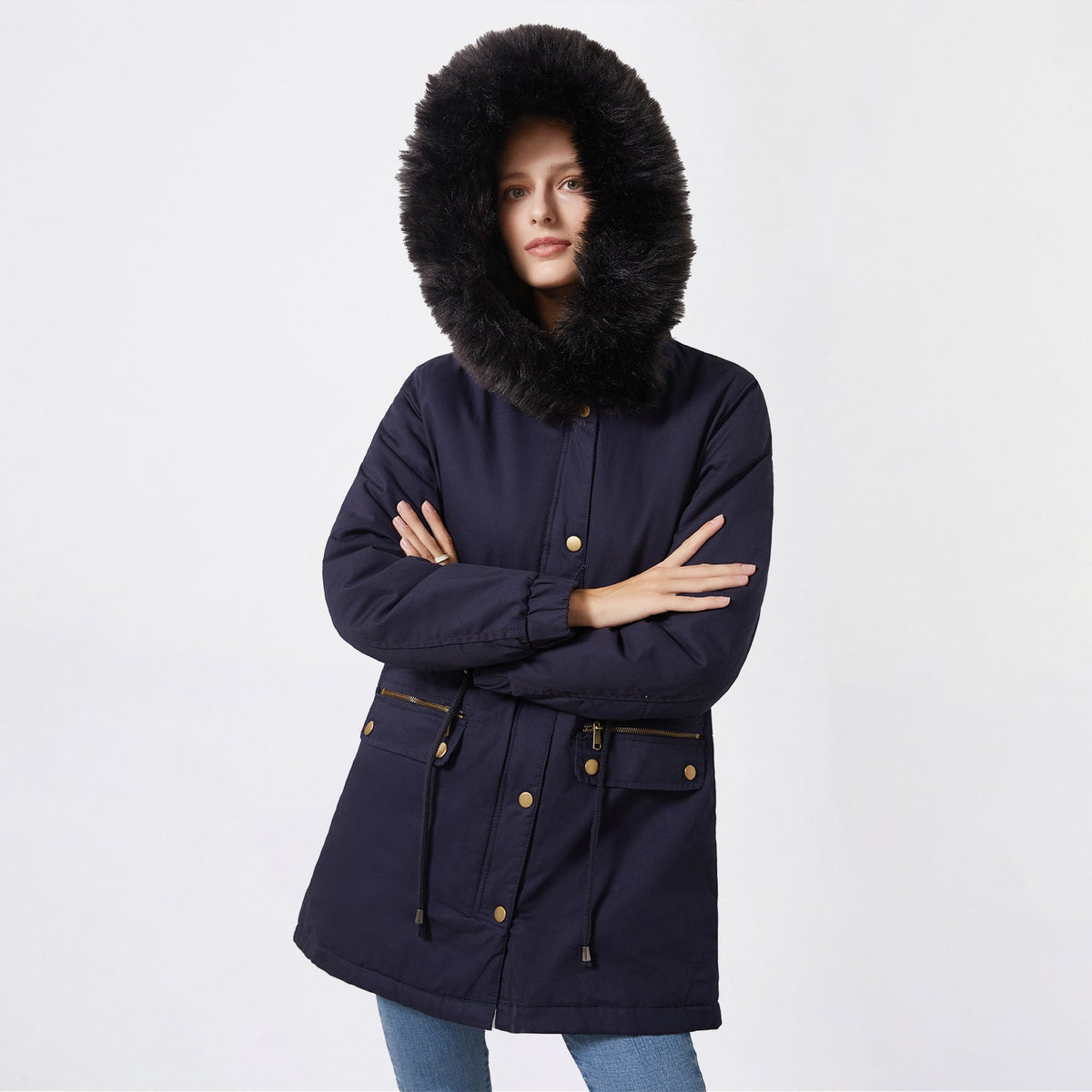 Women's Insulated Parka with Detachable Faux Fur Collar and Adjustable Waist