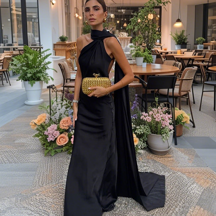 Women's Elegant Evening Dress with Asymmetric Cut and Striking Draping