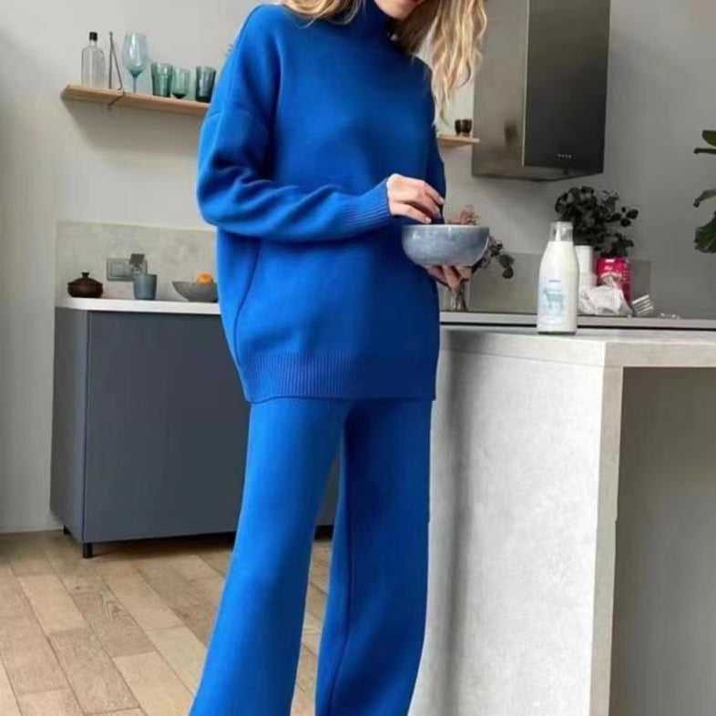 Casual Knit Set with High Collar and Wide Leg