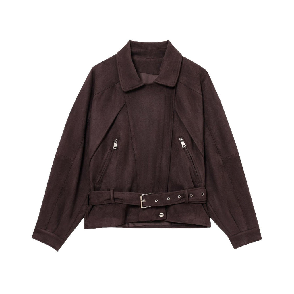 Women's Elegant Suede-Look Jacket with Fashionable Buckles and Practical Pockets