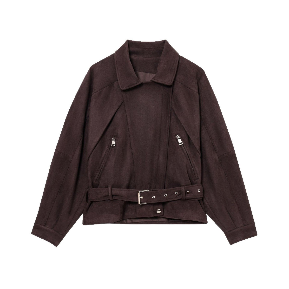 Women's Elegant Suede-Look Jacket with Fashionable Buckles and Practical Pockets