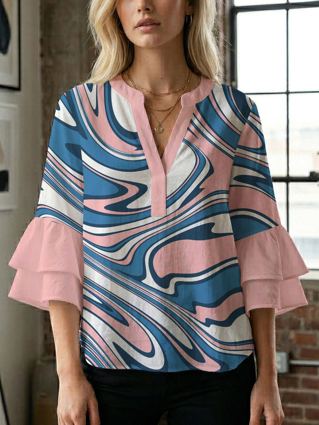 Women's Blouse Shirt with Voluminous Sleeves and Creative Print Design
