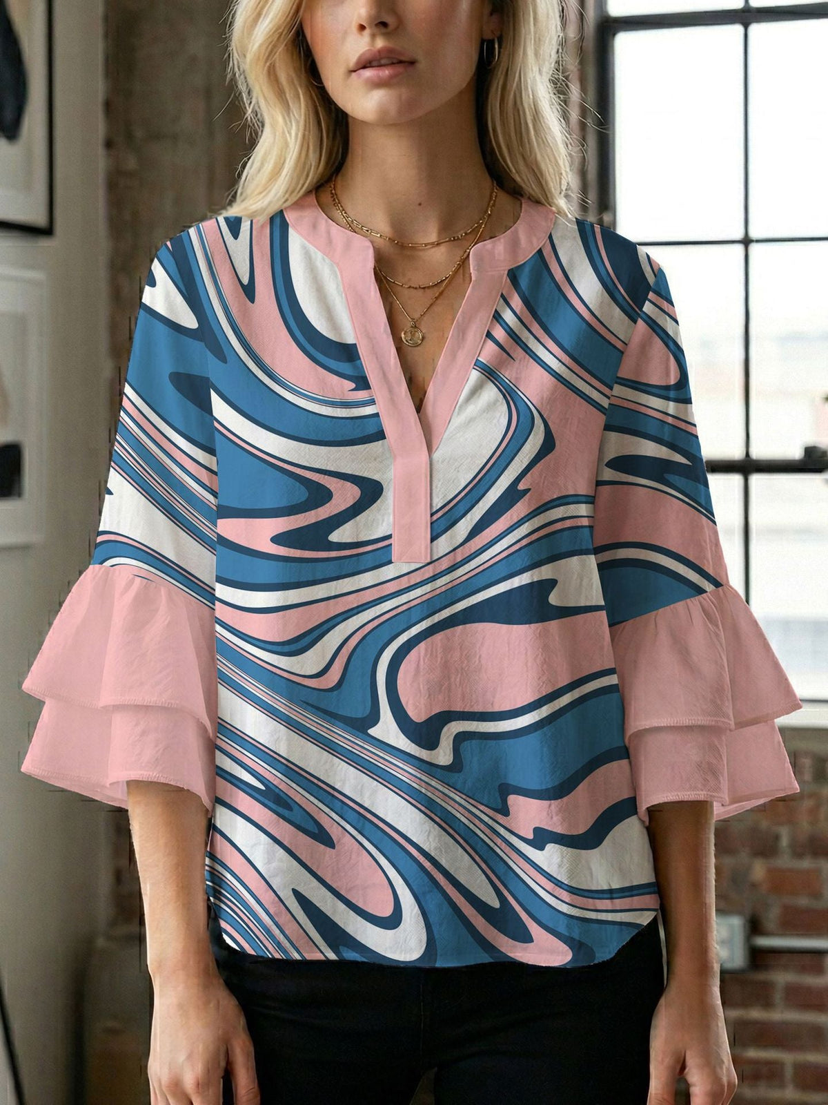 Women's Blouse Shirt with Voluminous Sleeves and Creative Print Design