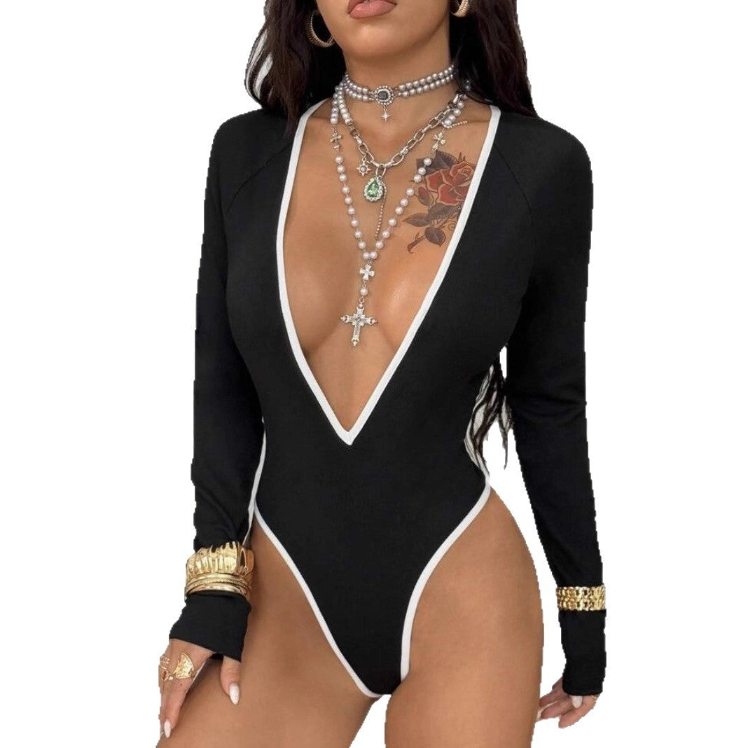 Women's Deep V-Neck Bodysuit with Contrast Details