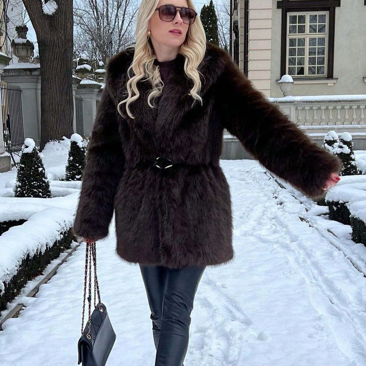 Women's Glamorous Faux Fur Coat with Wide Lapel and Waist Belt