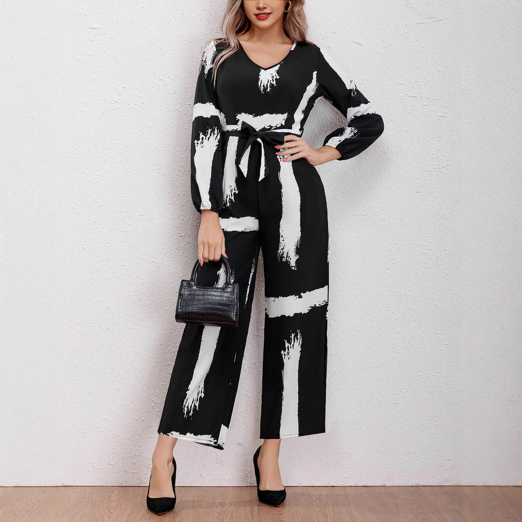 Women's Brushstroke Print Jumpsuit with Belt