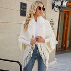 Women's Luxurious Knit Poncho with Faux Fur Collar and Fringe