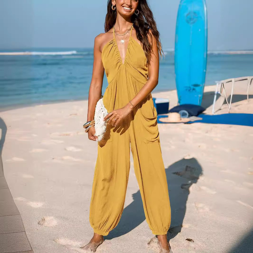 Casual Women's Jumpsuit with Deep Neckline and Pockets