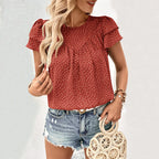 Women's Blouse with Simple Ruffle Sleeves and Fine Polka Dot Pattern