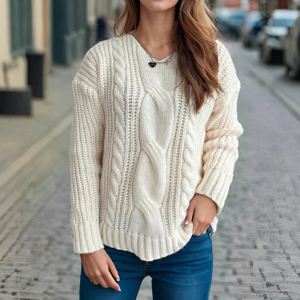 Women's Chunky Knit Sweater with Creative Cable Design and Casual Fit