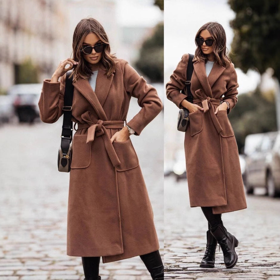 Women's Elegant Wrap Coat with Pockets and Tie Belt