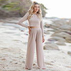 Women's Casual Wide-Leg Jumpsuit with Long Sleeves and Pockets