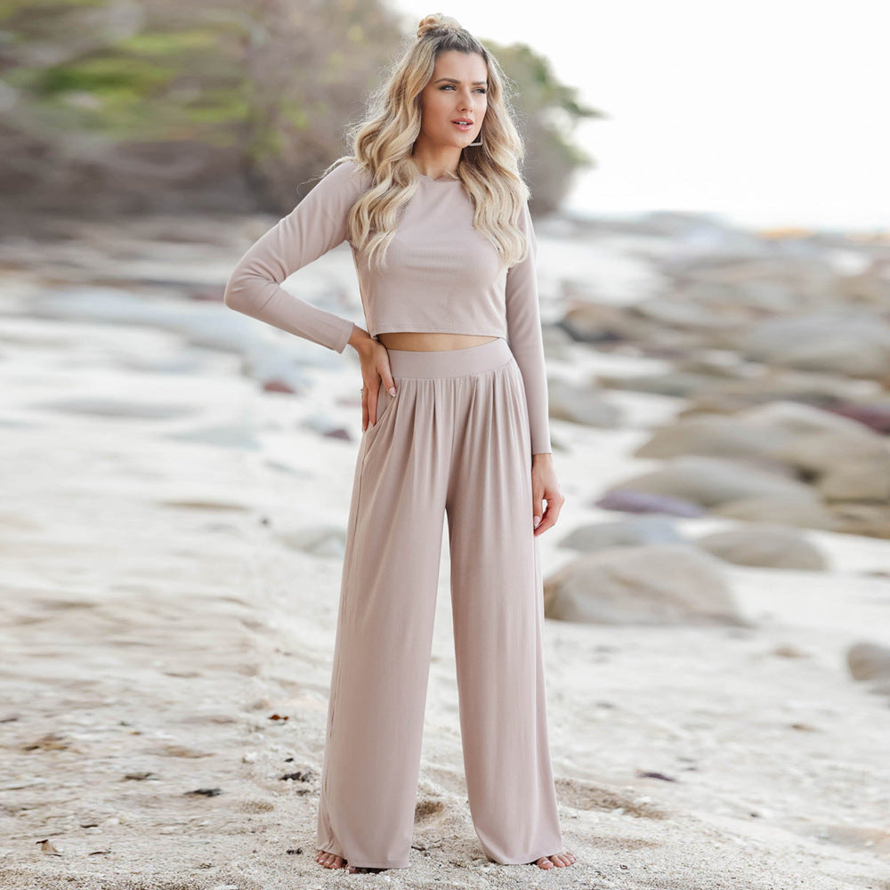 Women's Casual Wide-Leg Jumpsuit with Long Sleeves and Pockets