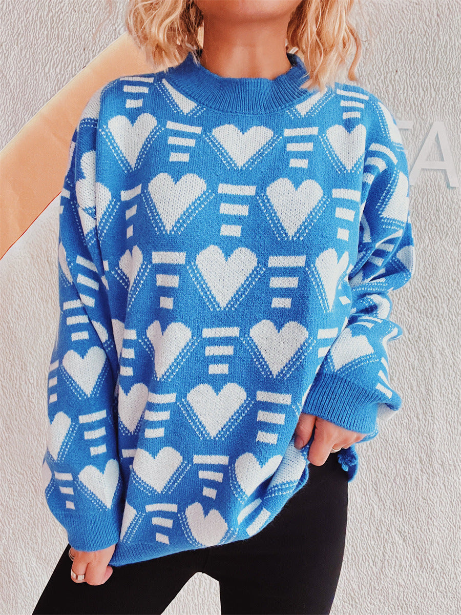 Women's Knit Sweater in Modern Heart Design with Wide Cut