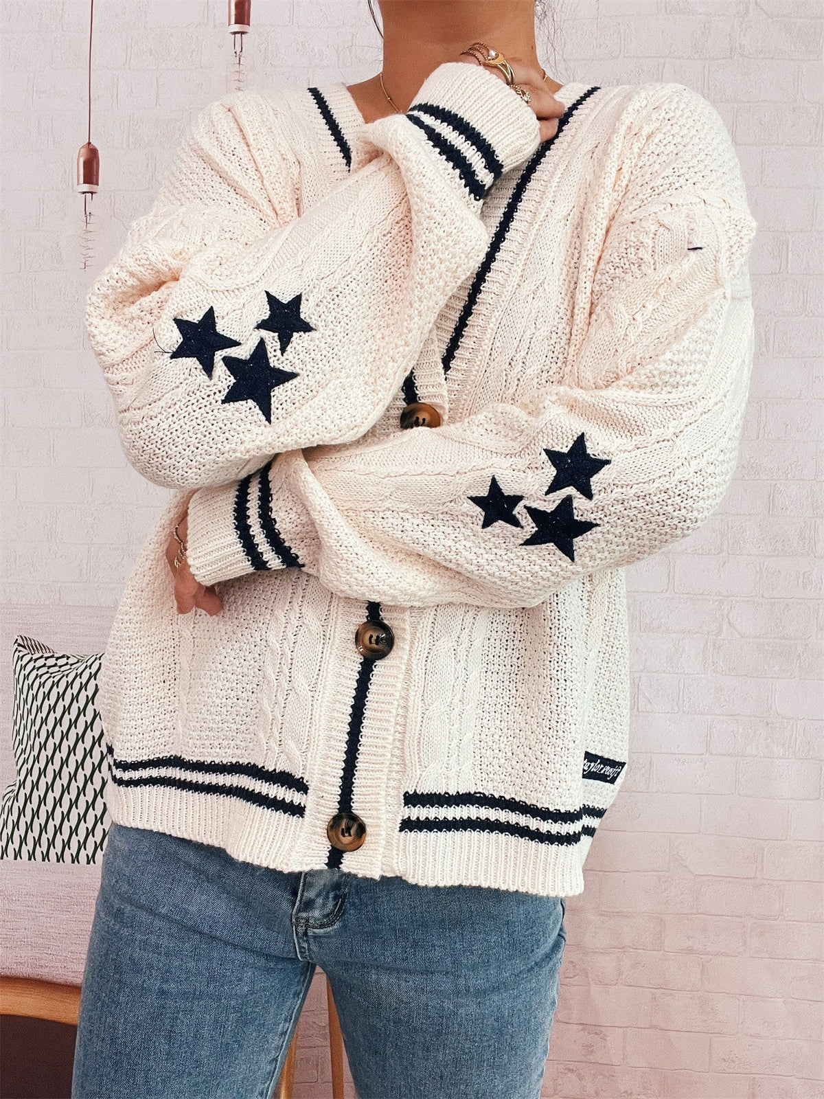 Women's Cozy Cardigan with Star Appliqués and Modern Details
