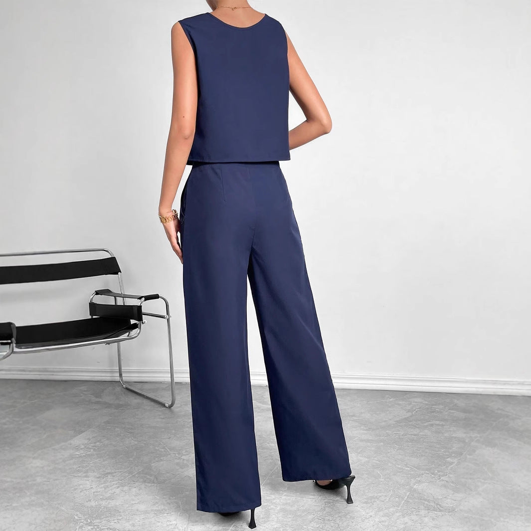 Women's Fashionable Two-Piece Set with Cropped Top and Wide-Leg Trousers