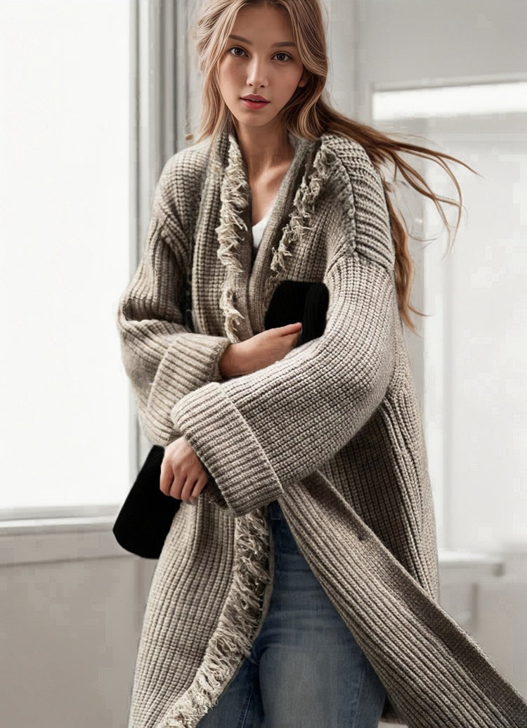 Women's Casual Knit Coat with Fringed Edges and Spacious Pockets