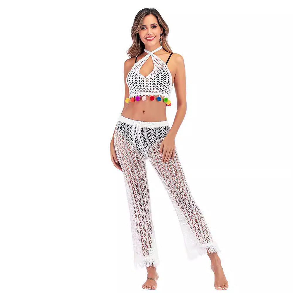 Crochet Knit Pants with Frayed Hems