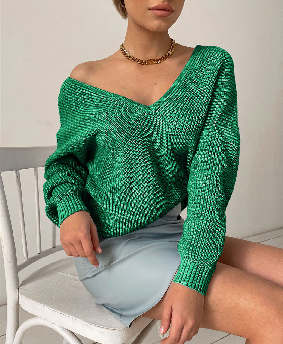 Elegant V-Neck Sweater with Fine Ribbed Texture and Drop Shoulders