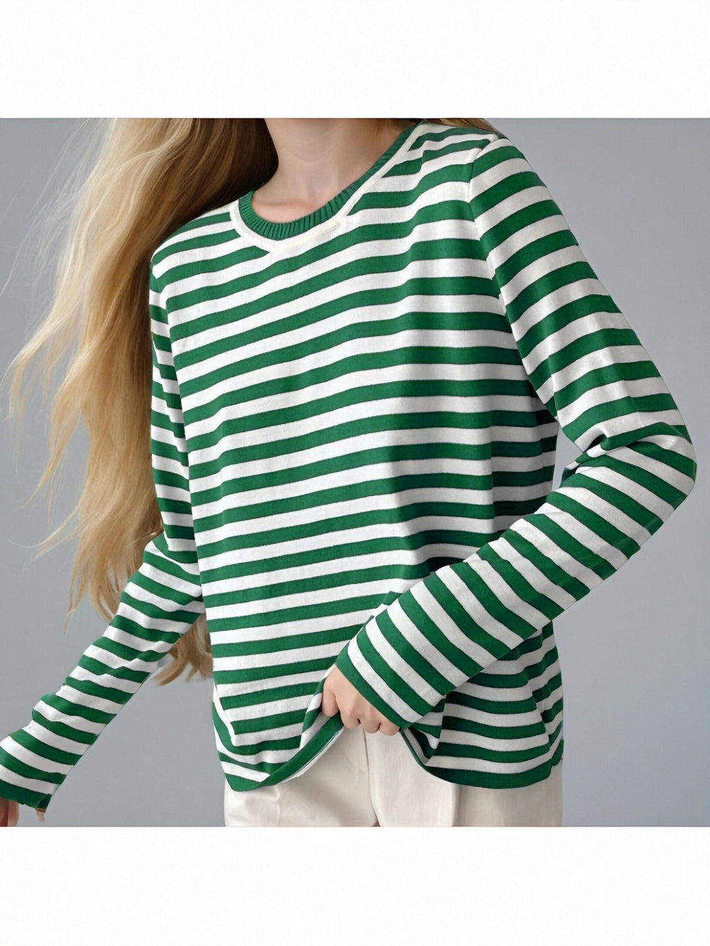 Women's Striped Long-Sleeve Sweater with Crew Neck and Casual Fit