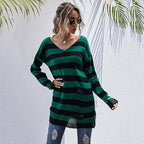 Women's Striped Oversized Sweater with Deep V-Neck and Trendy Cut-Outs