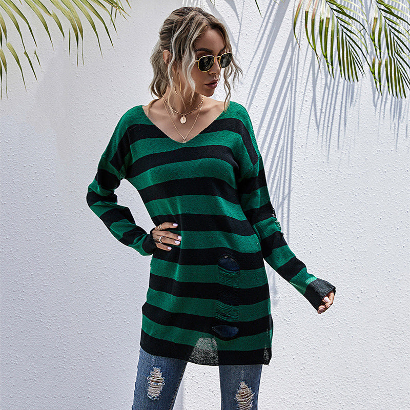 Women's Striped Oversized Sweater with Deep V-Neck and Trendy Cut-Outs