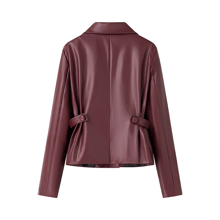 Women's Fashionable Faux Leather Blazer and Skirt Set