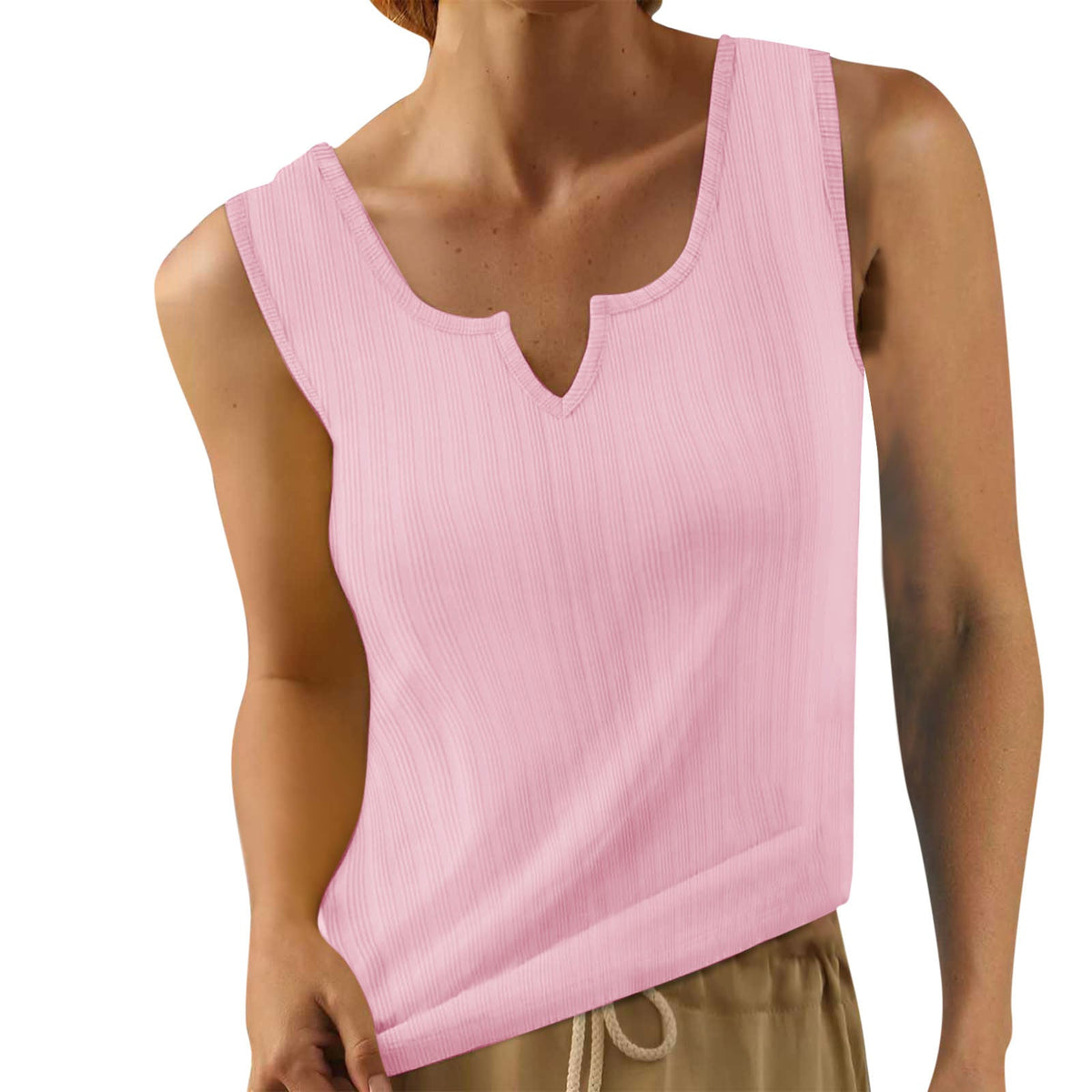 Sleeveless Top with Decorative V-Neck and Fine Ribbed Texture
