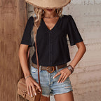 Women's Blouse with Airy Embroidery and Decorative Buttons