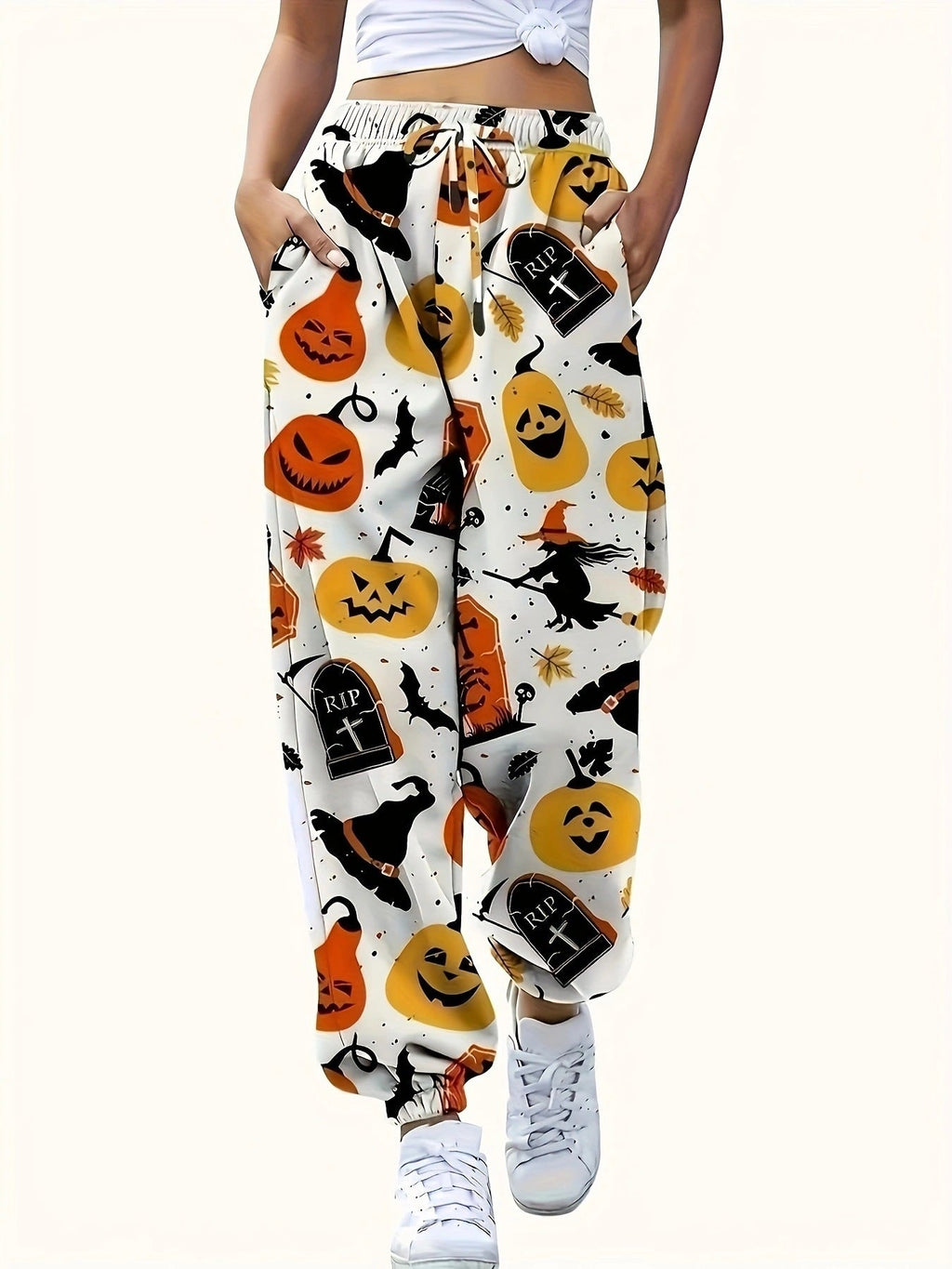 Women's Casual Pants with Colorful Halloween Motif and Elastic Waist