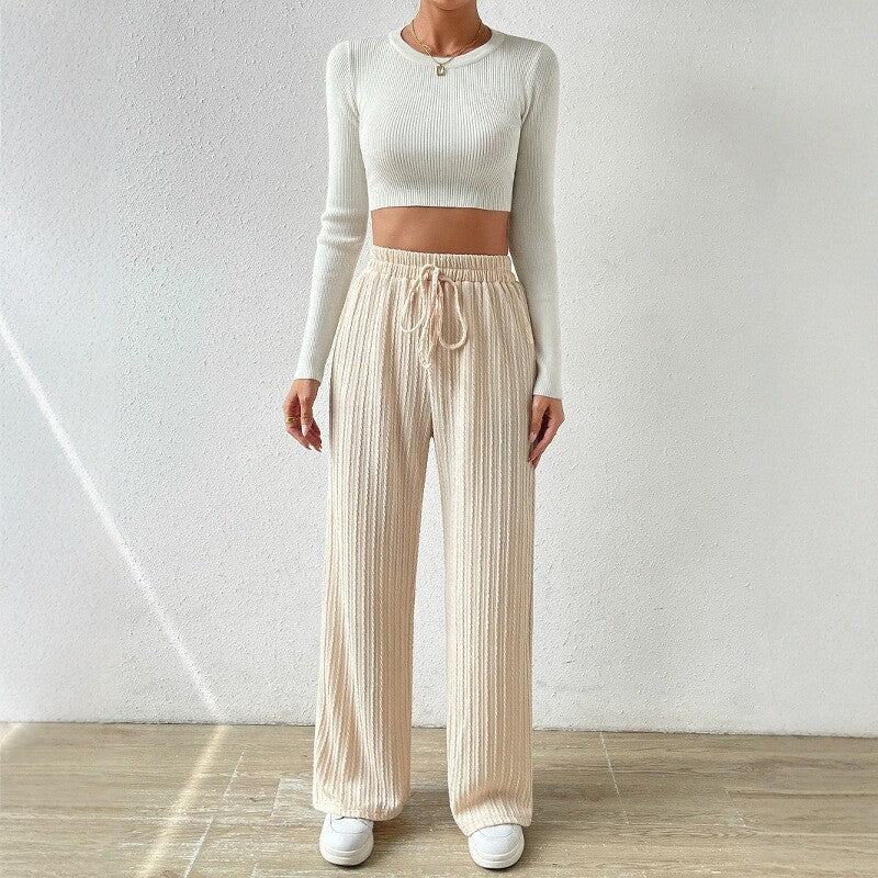 Women's Relaxed Knit Loungewear Set with High Waist and Wide Leg
