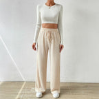 Women's Relaxed Knit Loungewear Set with High Waist and Wide Leg