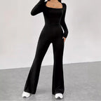 Women's Long-Sleeve Jumpsuit with Square Neck and Wide Leg