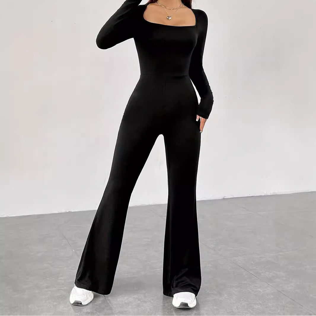 Women's Long-Sleeve Jumpsuit with Square Neck and Wide Leg