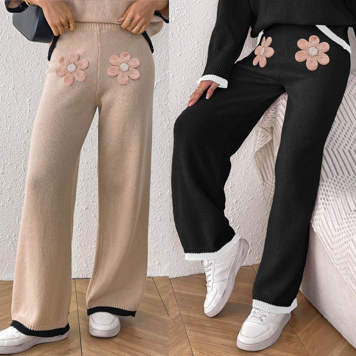 Women's Comfortable Knit Pants with Floral Appliqué Design