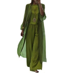 Elegant Chiffon Two-Piece Set with Wide-Leg Palazzo Trousers and Long Kimono Cover-Up
