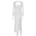 Women's Elegant Maxi Dress with Transparent Lace Surface and Side Slit