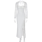 Women's Elegant Maxi Dress with Transparent Lace Surface and Side Slit