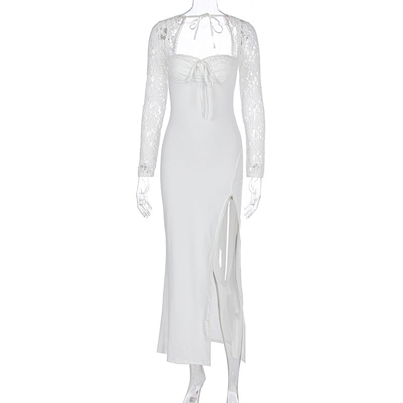 Women's Elegant Maxi Dress with Transparent Lace Surface and Side Slit