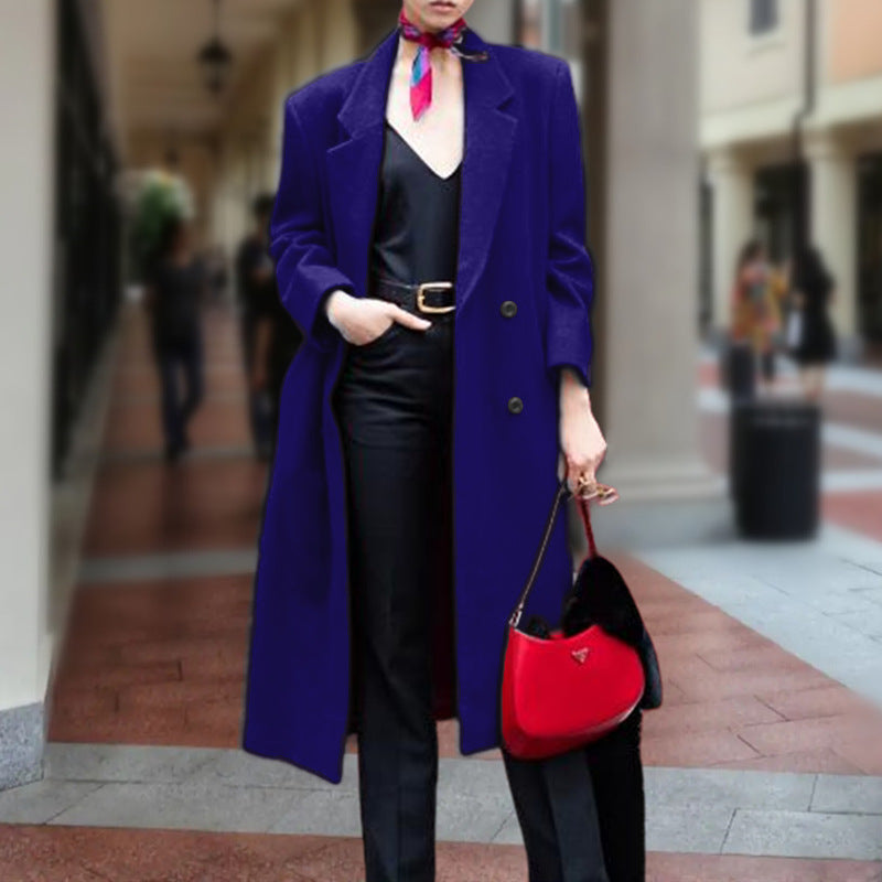 Women's Elegant Long Coat with Double-Breasted Button Placket and Generous Cut