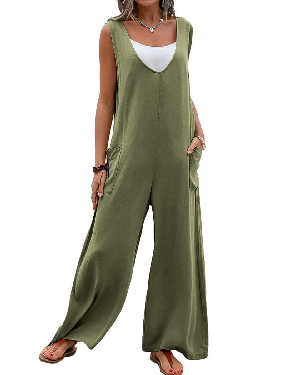 Casual Jumpsuit with Deep V-Neck and Practical Pockets