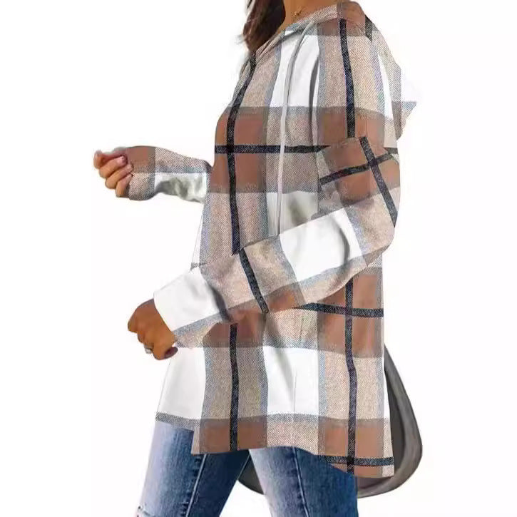 Casual Plaid Blouse with Hood