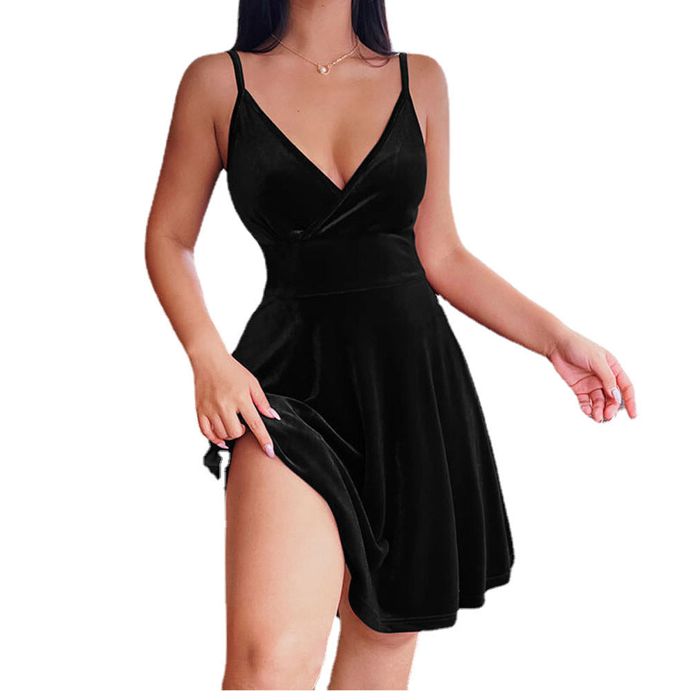 Women's Elegant Velvet A-Line Dress with Deep V-Neck and Side Slit